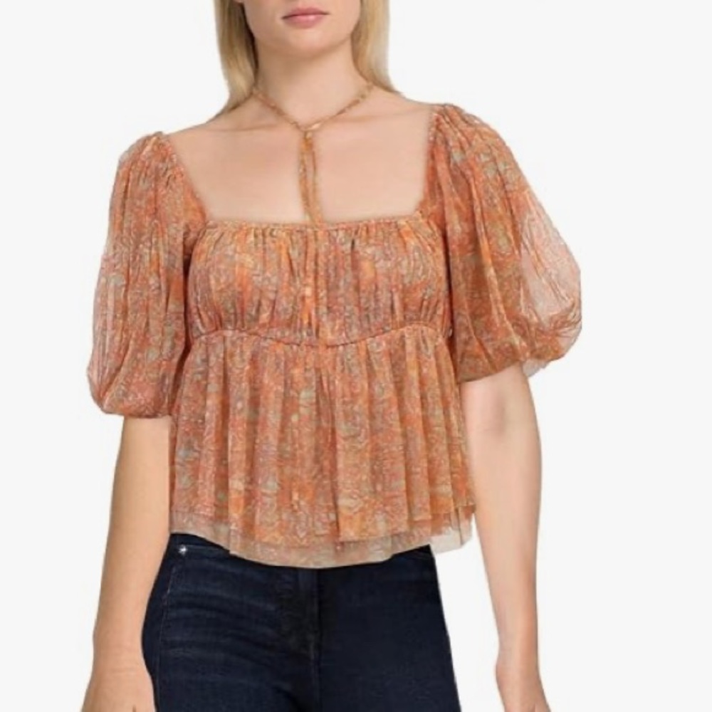 Free People Floral Penelope Smocked Puff Sleeve orange peach Top